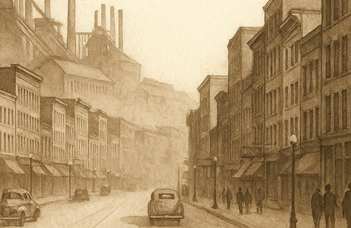 Historic photo of downtown Youngstown during the peak of the steel industry.