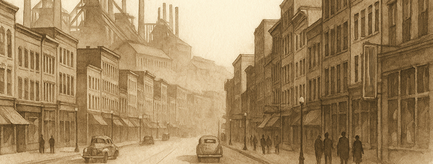 Historic photo of downtown Youngstown during the peak of the steel industry.