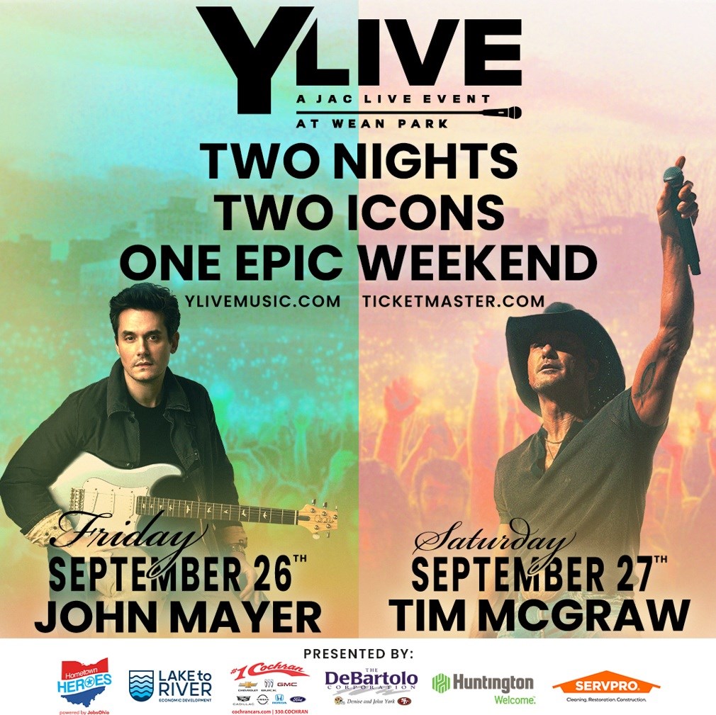 An image of John Mayer and Tim McGraw with YLive event details.